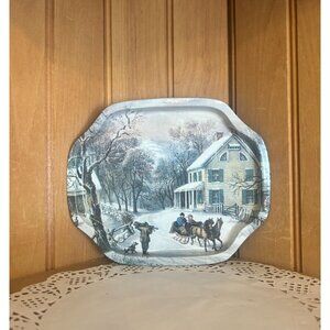 Vintage Small Currier & Ives Serving Metal Tray Homestead in Winter